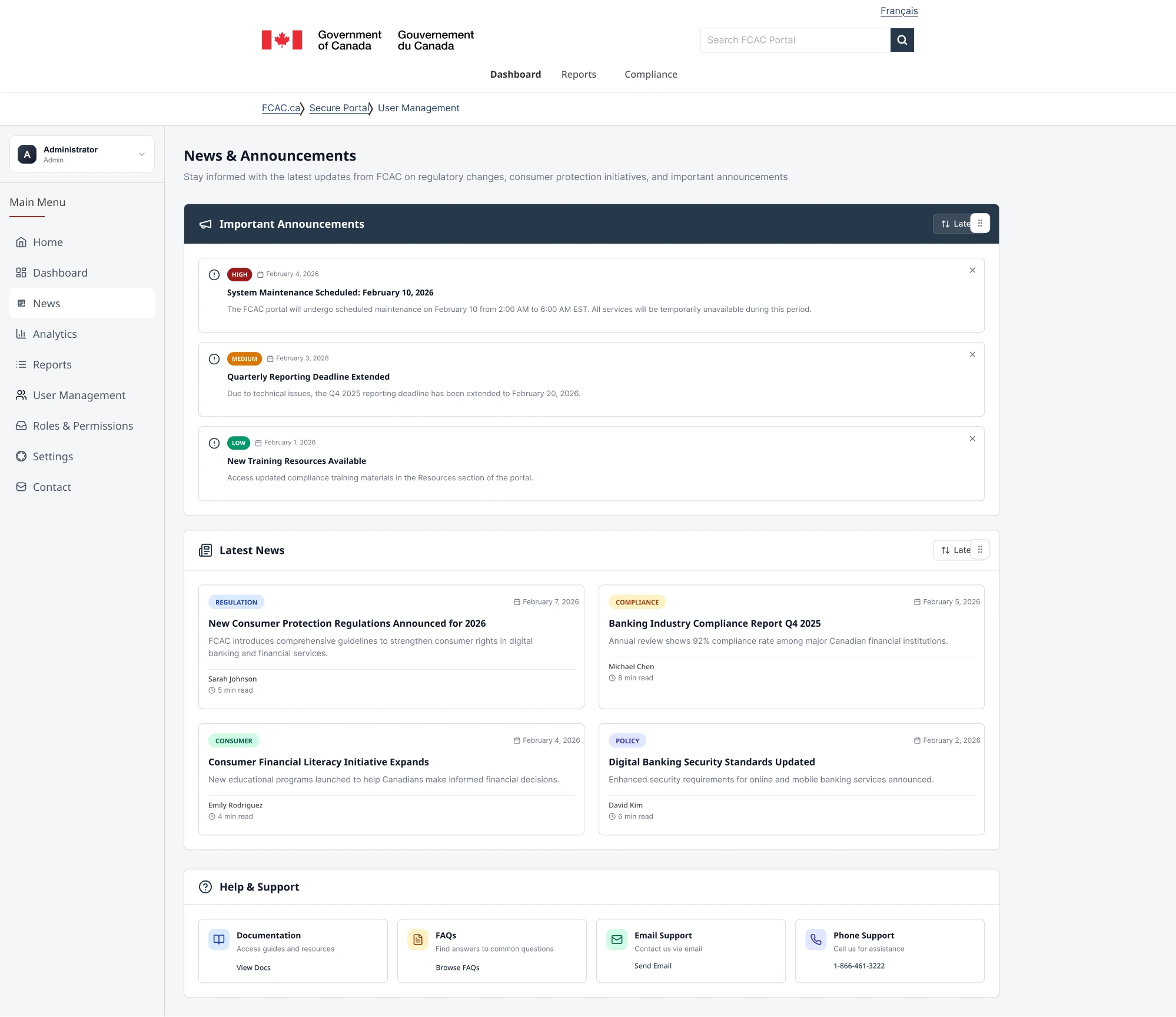 Announcements and regulatory updates sit alongside the administrative workspace.