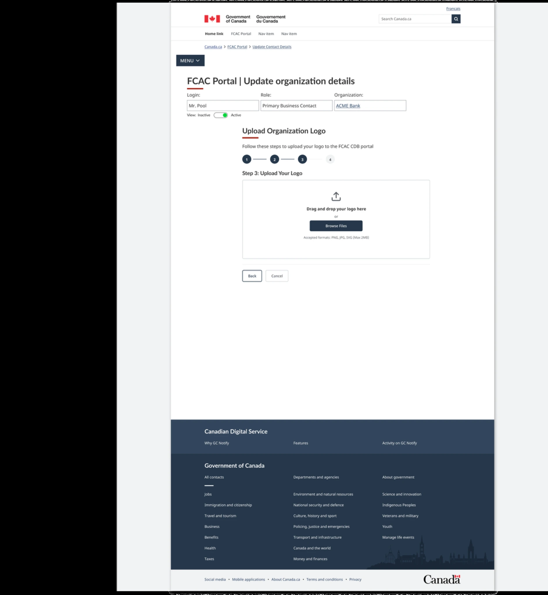 Logo-selection interface within the organisation-details flow.