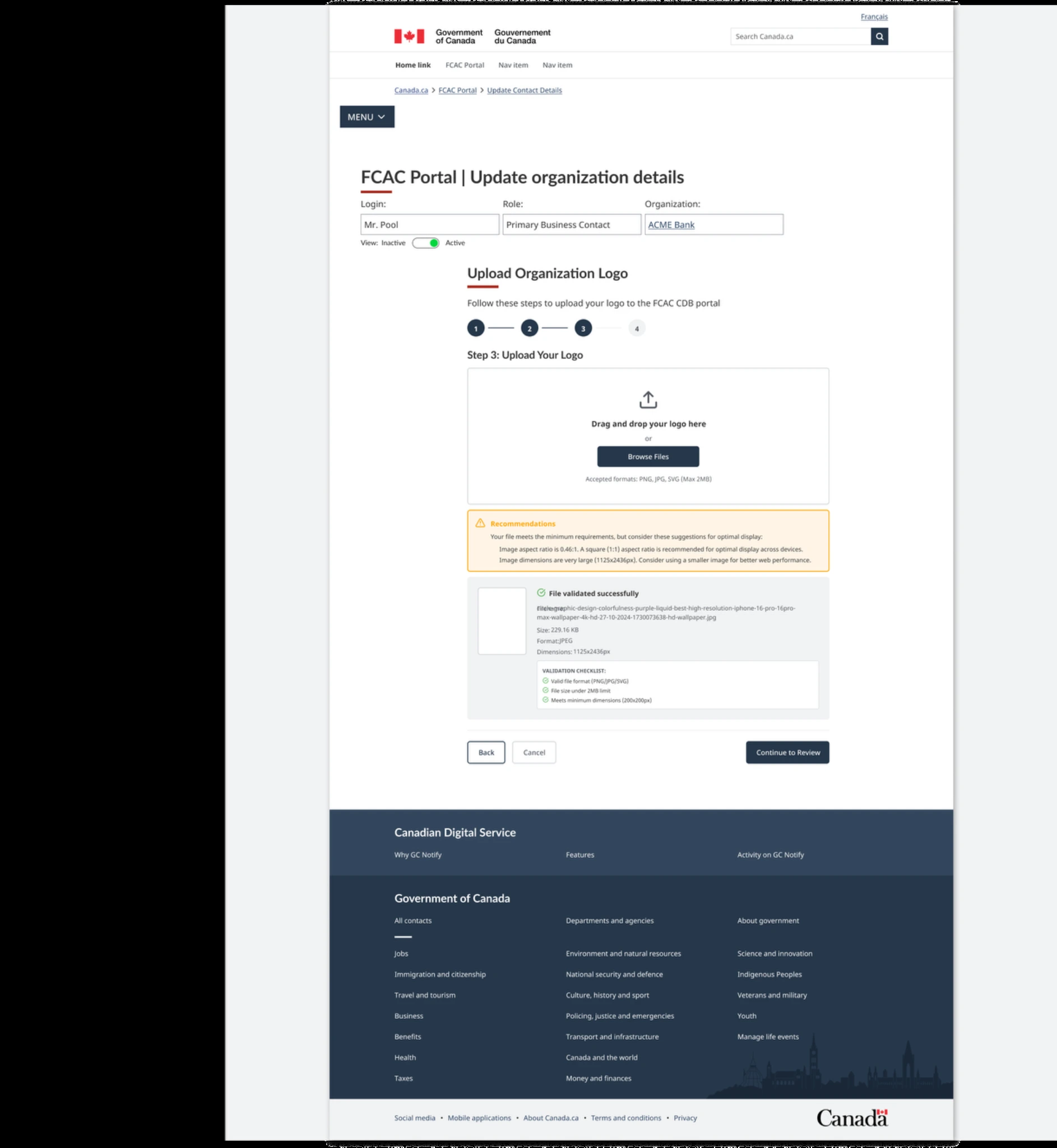 Validation feedback and file information in the upload interaction.