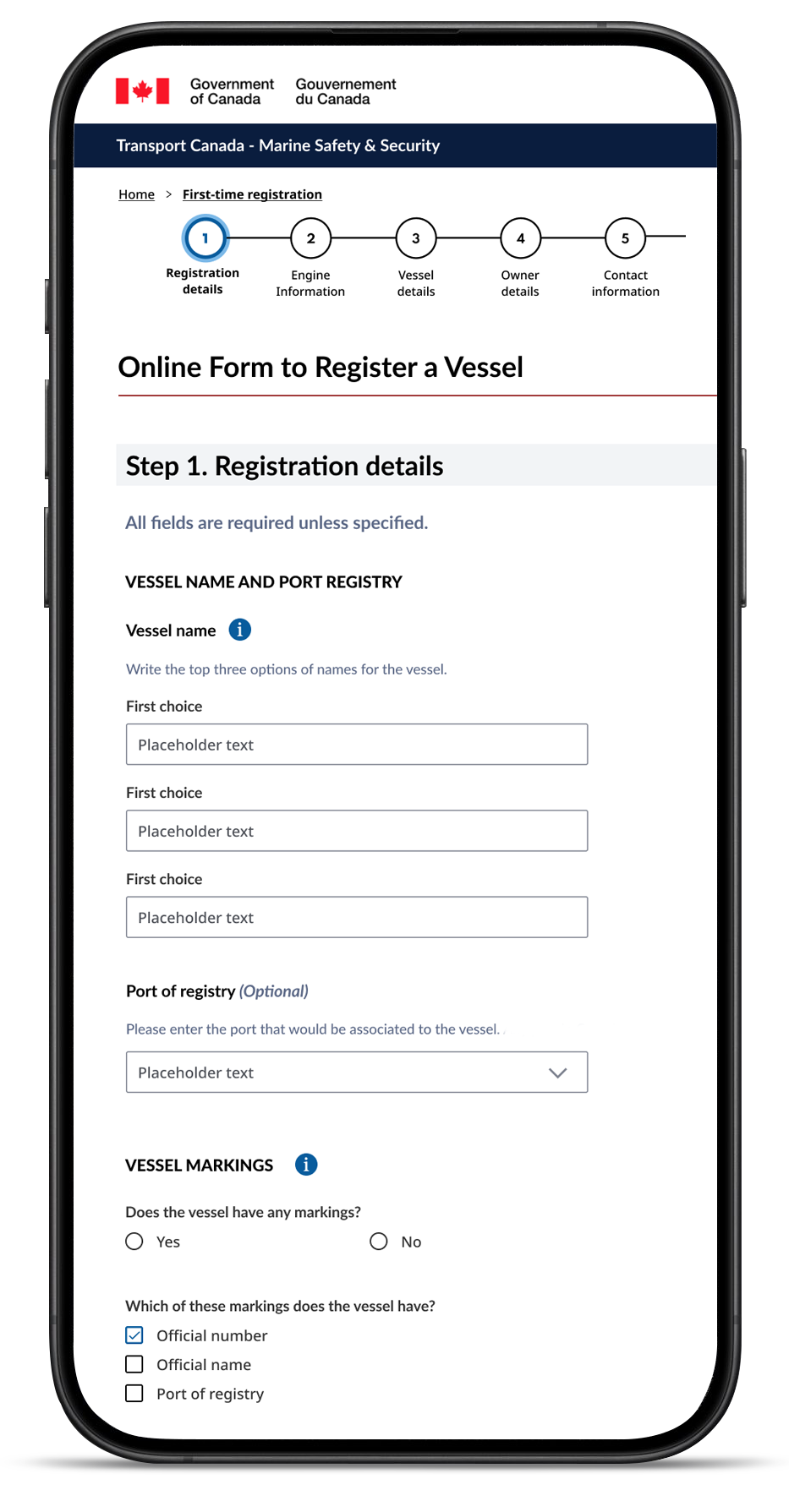 Mobile interface designs for Transport Canada vessel registration.